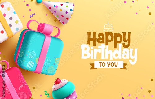 Happy birthday text vector design. Happy birthday greeting text with gift box, party hat and toy cartoon decoration. Vector illustration invitation card template. 