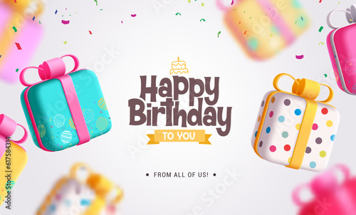 Happy birthday vector design. Happy birthday greeting text with colorful gift box for surprise elements decoration. Vector illustration invitation card background.