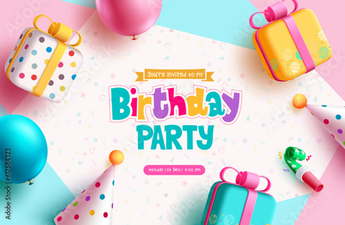 Birthday party text vector design. Happy birthday invitation card with colorful gift box, party hat, balloons and party elements. Vector illustration greeting dedication card background.