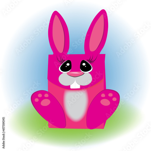 Cartoon trendy style cute laughing bunny mascot with big pink gift box icon. Simple gradient  illustration.