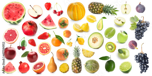 Collage of juicy fruits and berries on white background