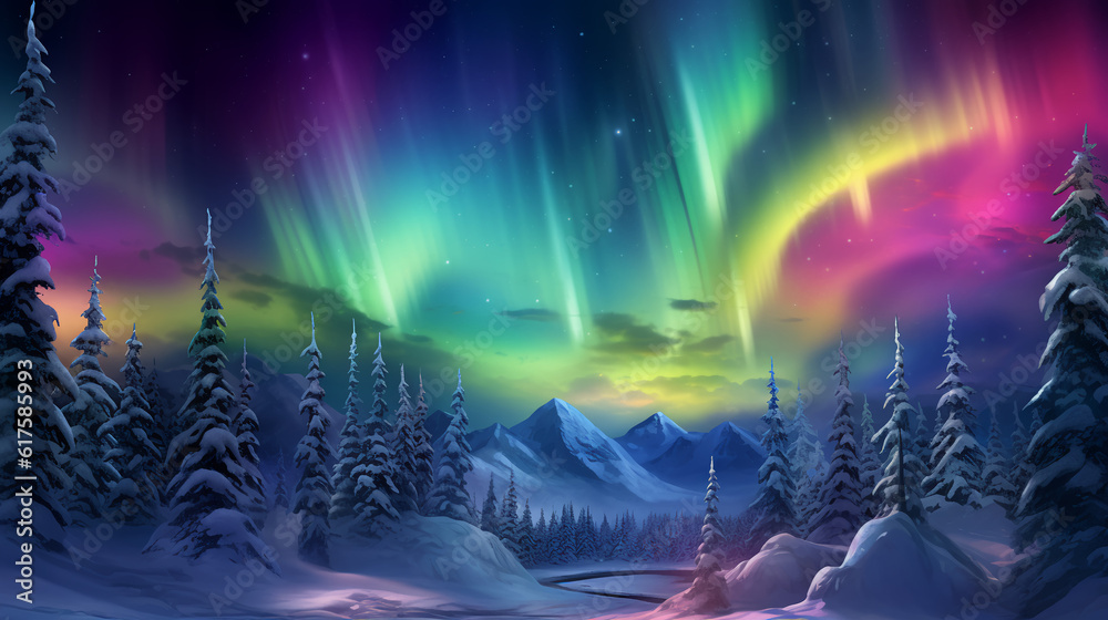 Heavenly Aurora A breathtaking display of vibrant colors as the Northern Lights dance across a night sky creating an awe-inspiring spectacle of nature's beauty
