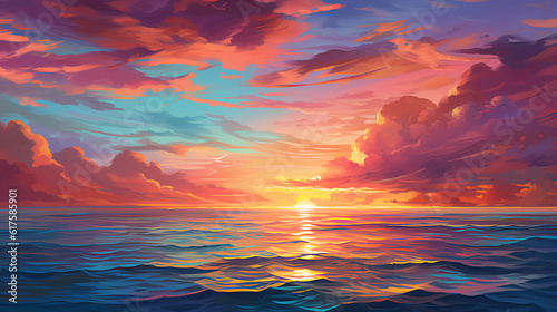 A serene sunset over the ocean with vibrant hues of orange and pink reflecting off the water's surface 