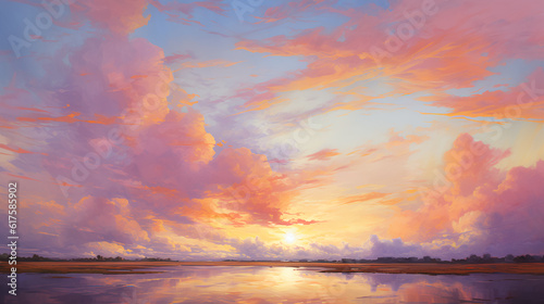A vibrant sunset sky painted in hues of orange pink and purple with wispy clouds adding depth and texture  © kian