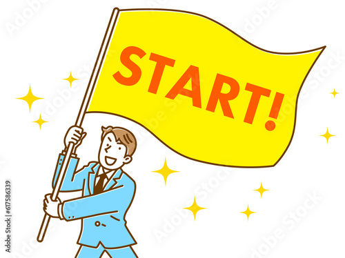 START!の旗を振るスーツを着た若い男性ビジネスマン