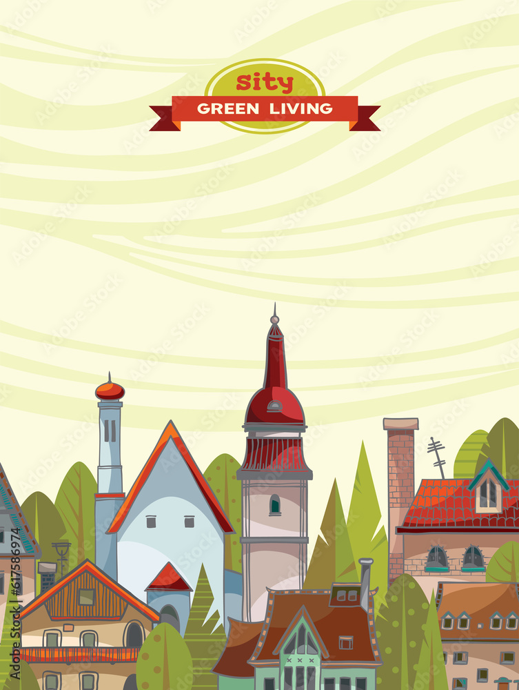 Cartoon city view with houses and trees - green living. Urban vector landscape.
