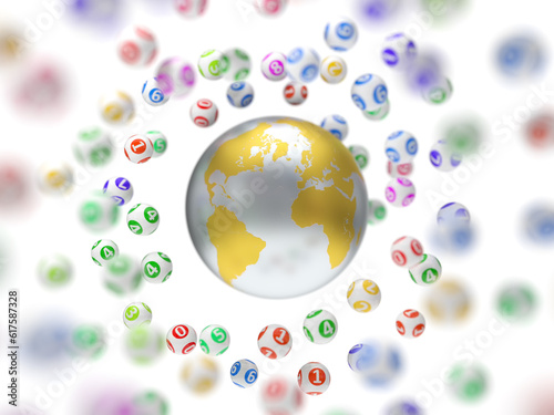 3d illustration of lottery balls and world. bearth surrounded with balls. added depth of field effect and isolated on white. photo