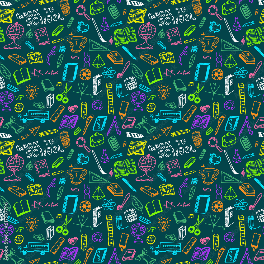 Naklejka premium School supplies sketch seamless pattern in doodle style, vector illustration