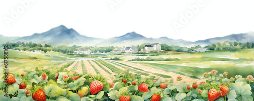 Strawberry field and satoyama scenery in Japan. watercolor. landscape image. Generative AI photo