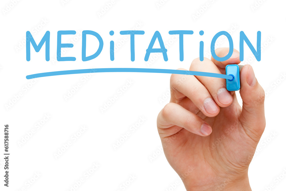 Hand writing Meditation with blue marker on transparent wipe board. Hand writing Meditation with blue marker on transparent wipe board.