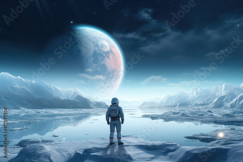 Scene of an astronaut standing on an unknown icy planet with a breathtaking landscape. The astronaut is wearing a futuristic space suit with a helmet, generative AI