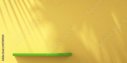 Product podium mockup display on green and yellow background with tree shadow,summer background,3D render illustration