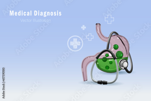 Stethoscope diagnosis GERD gastroesophageal reflux acid on stomach from heartburn gas. Medical   diagnostic and health care. 3D realistic vector.