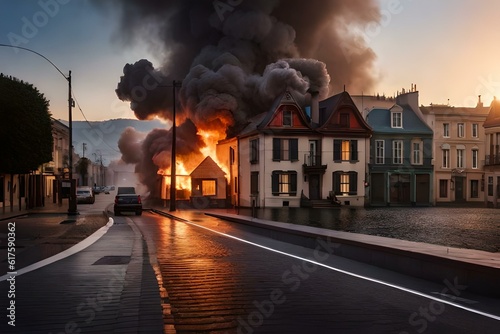 A hyper-realistic, highly detailed photo shot of a burning house in the middle of town no human there