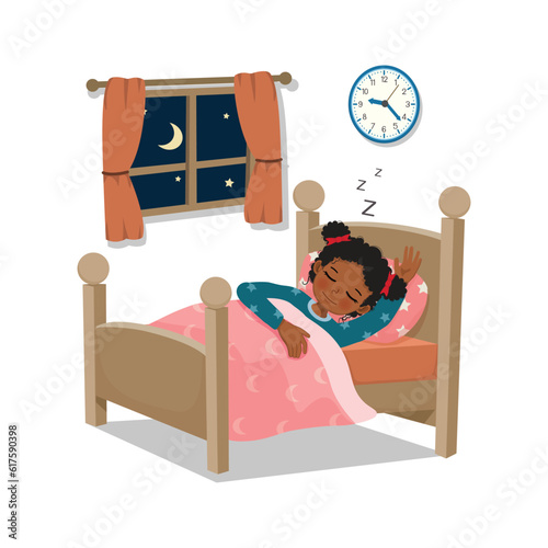 Cute little African girl sleeping good at night in bedroom
