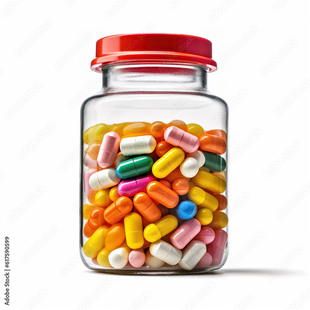 Bottle and scattered capsule pills. created with generative AI technology. Bottle and scattered capsule pills. created with generative AI technology.
