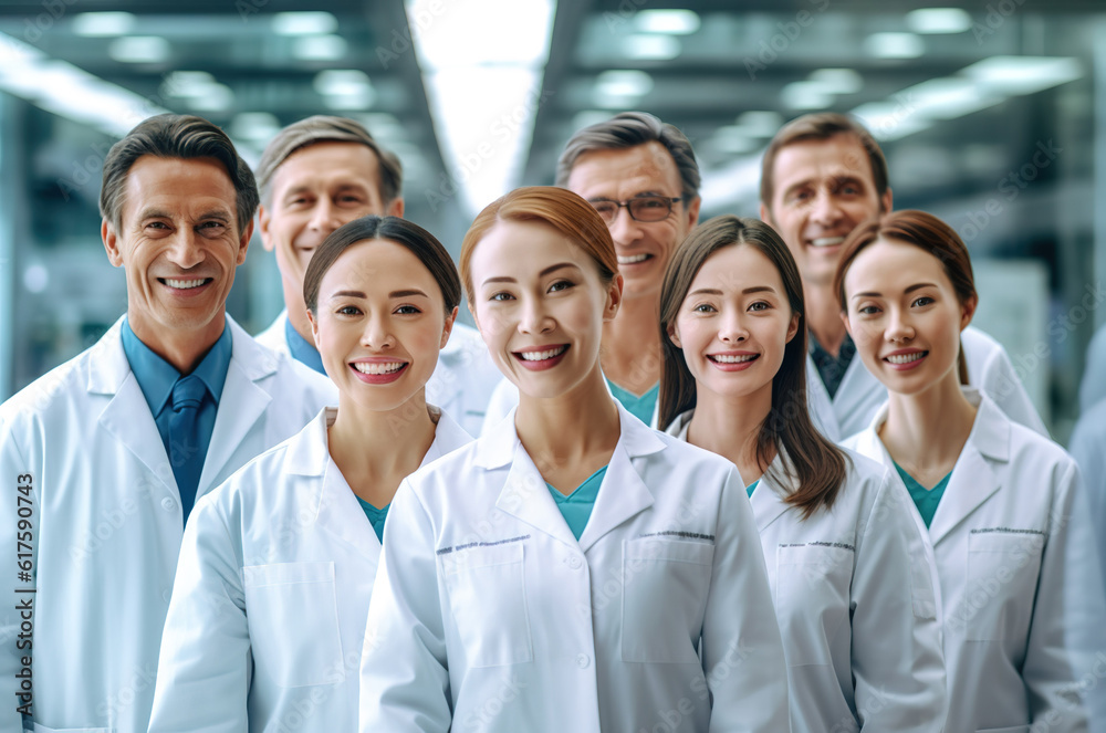 Portrait of smiling medical team in hospital, Unity concept. created with generative AI technology. Portrait of smiling medical team in hospital, Unity concept. created with generative AI technology.