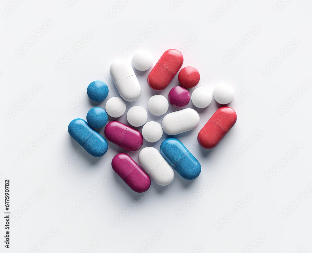 Pill and capsule tablets in white background. created with generative AI technology. Pill and capsule tablets in white background. created with generative AI technology.