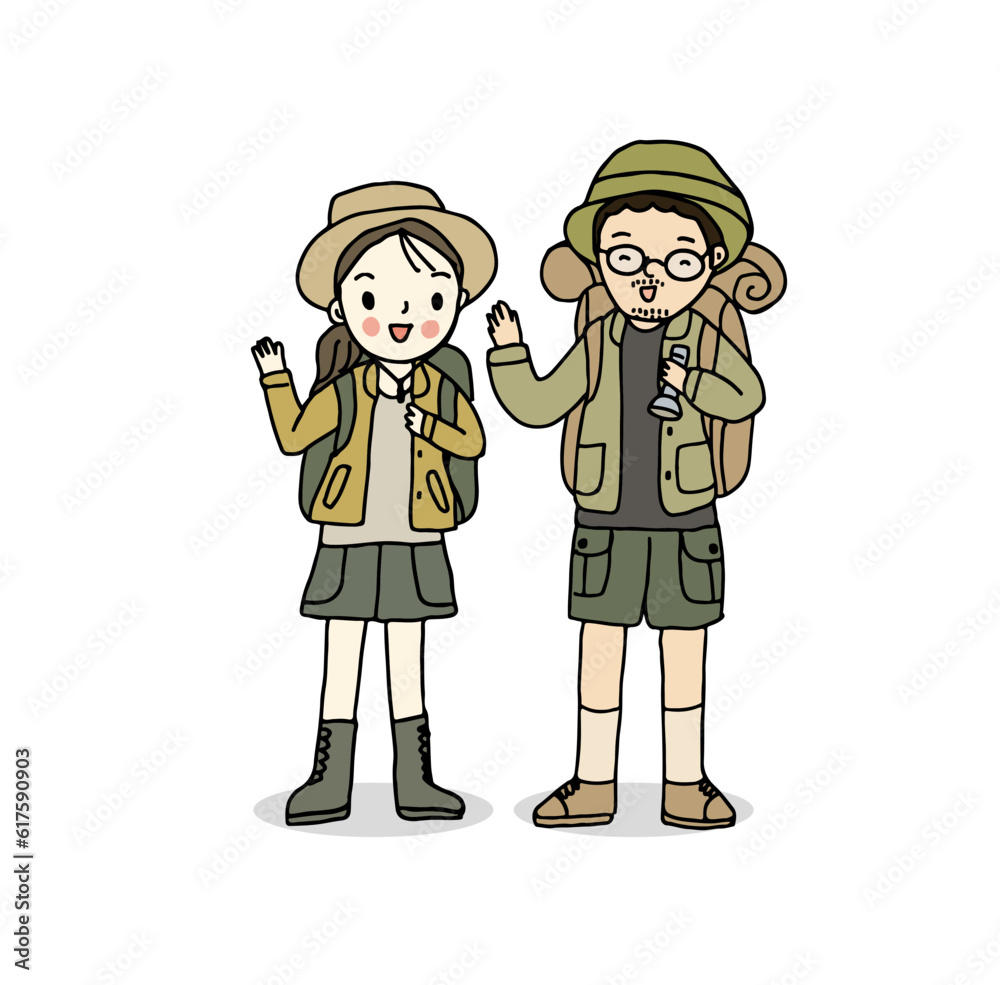 Backpacker couple, Hand drawn style vector illustration