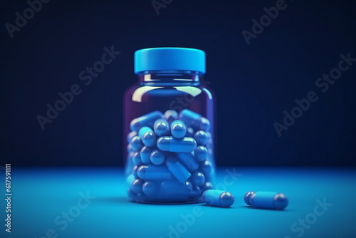 Medical Blue Color pills container on Dark Blue Background. Global healthcare concept. Antibiotics drug resistance. Antimicrobial capsule pills. Pharmaceutical industry. Pharmacy. photo