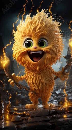 A very cute lightning creature with a big smile a funny cartoon Background - Detailed, artistic surrealism Creature photography Backdrop created with Generative AI Technology