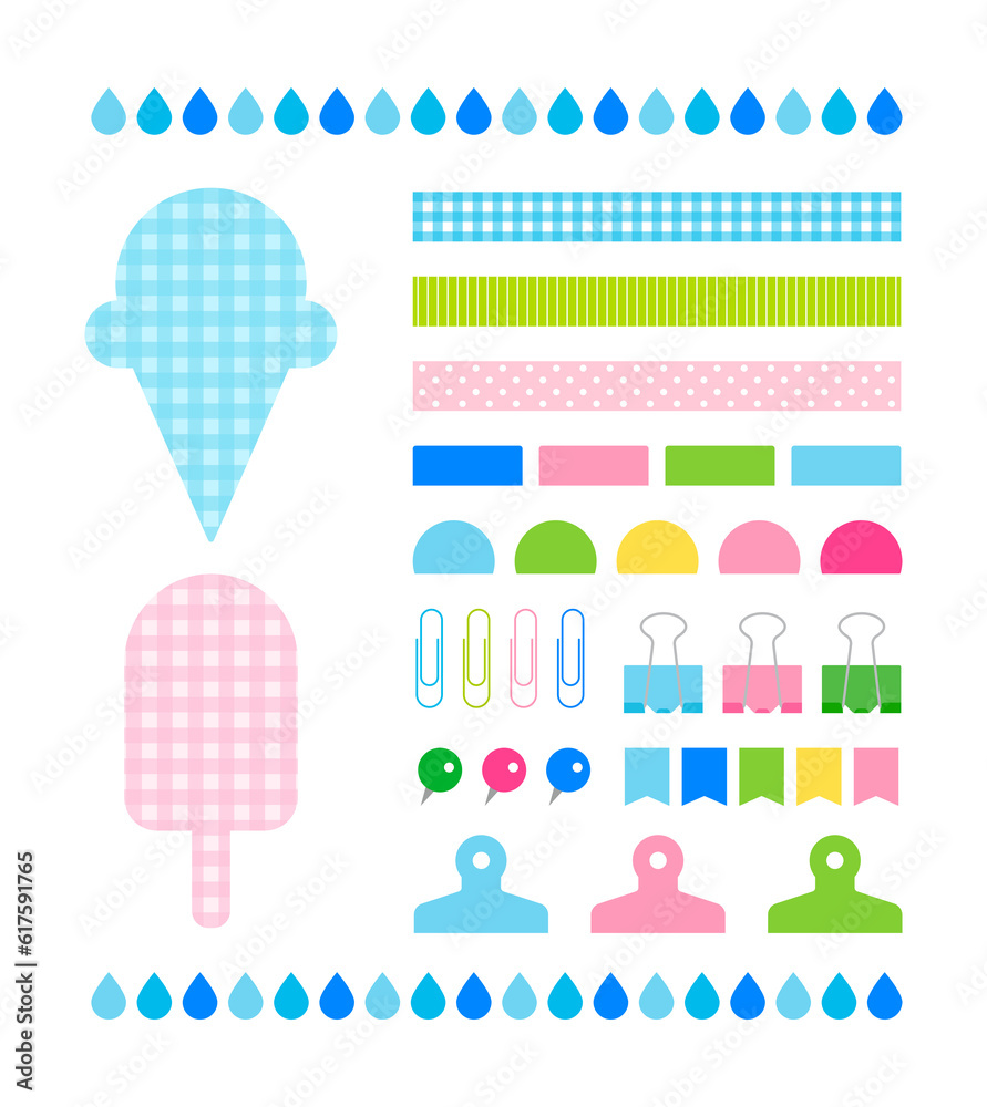 Set of decorative illustration icons with 'Summer' concept. Various objects such as notes, labels, indexes, pincers, clips, thumbtacks and pins. Set of decorative illustration icons with 'Summer' concept. Various objects such as notes, labels, indexes, pincers, clips, thumbtacks and pins.