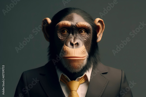 A portrait of a Chimpanzee wearing a business suit. AI Generated