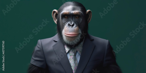 A portrait of a Chimpanzee wearing a business suit. AI Generated