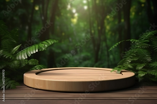 Circle wood podium in tropical forest for product presentation and cream color background generative AI © kavinda