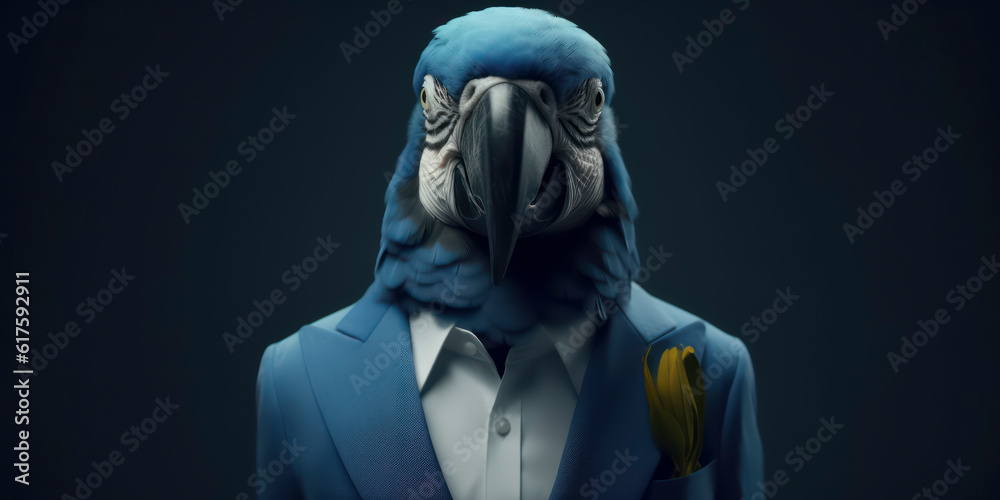 A portrait of a Blue Macaw wearing a business suit. AI Generated A portrait of a Blue Macaw wearing a business suit. AI Generated