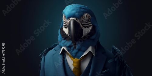 A portrait of a Blue Macaw wearing a business suit. AI Generated