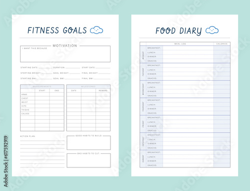 Food Diary and Fitness Goals planner (clouds). 