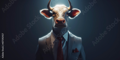 A portrait of a Bull wearing a business suit. AI Generated