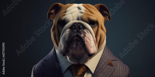 A portrait of a Bulldog wearing a business suit. AI Generated