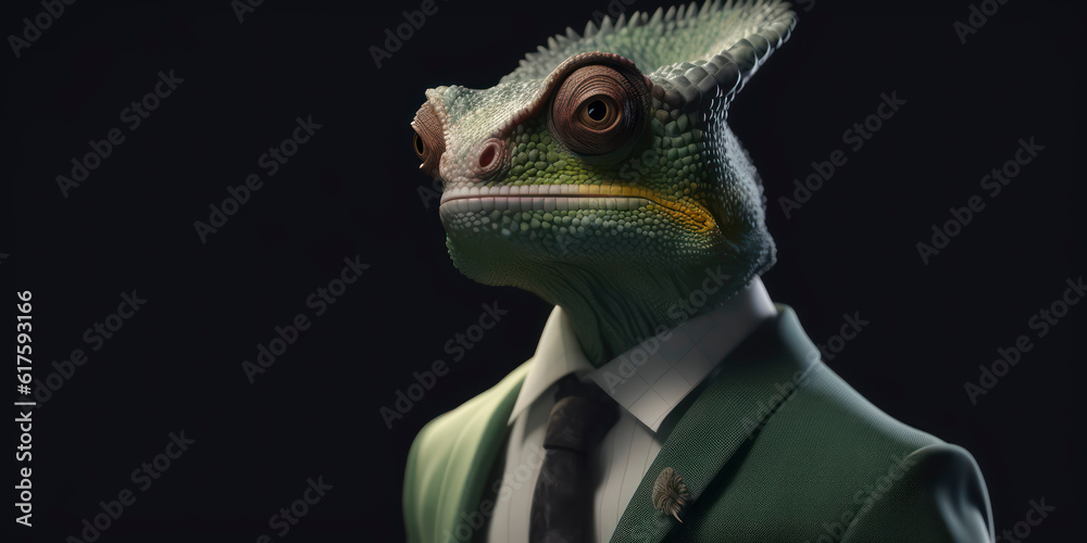 A portrait of a Chameleon wearing a business suit. AI Generated A portrait of a Chameleon wearing a business suit. AI Generated
