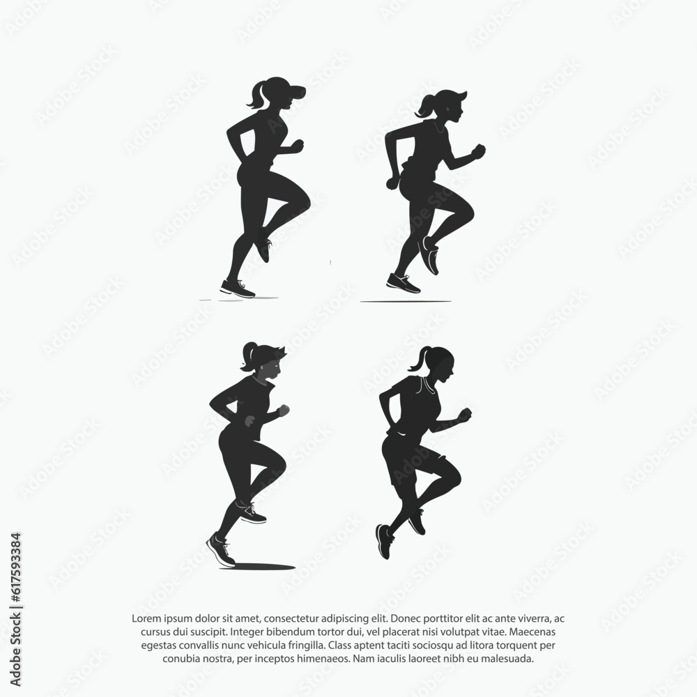 Run. Running girl or women, vector set of isolated silhouettes black and white for animation or poster resizeable vector Run. Running girl or women, vector set of isolated silhouettes black and white for animation or poster resizeable vector