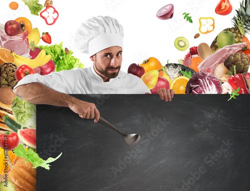 Smiling chef with ladle indicates a board and vegetables background