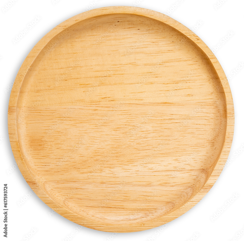 Top view Wooden plate isolated on white background, Wooden bowl on white With work path.