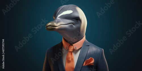 A portrait of a Dolphin wearing a business suit. AI Generated