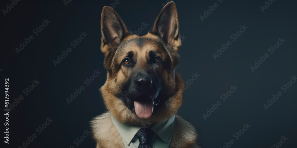 A portrait of a German Shepherd Dog wearing a business suit. AI Generated