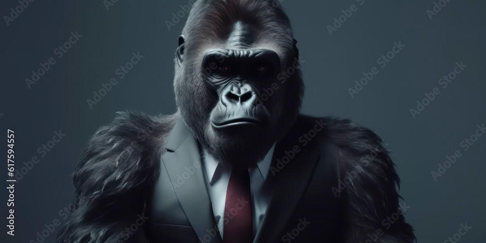 A portrait of a Gorilla wearing a business suit. AI Generated
