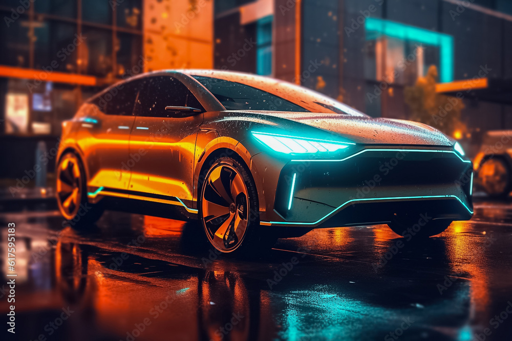 Captivating electric car radiating a mesmerizing display of shimmering lights, epitomizing futuristic elegance and eco-conscious luxury. generative Al.