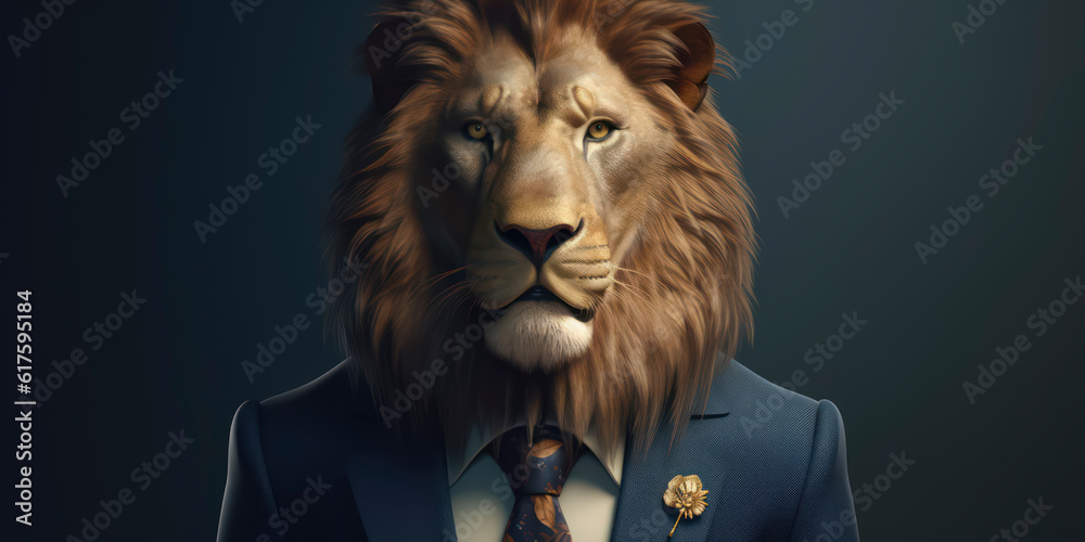 A portrait of a Lion wearing a business suit. AI Generated