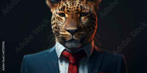 A portrait of a Leopard wearing a business suit. AI Generated