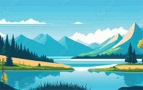 background illustration with a serene natural landscape. picturesque scene a tranquil lake, majestic mountain range. Incorporate a clear sky with fluffy clouds ,captivating background for website