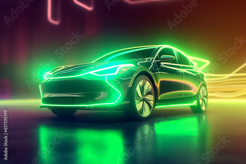 Captivating electric car radiating a mesmerizing display of shimmering lights  epitomizing futuristic elegance and eco-conscious luxury. generative Al.