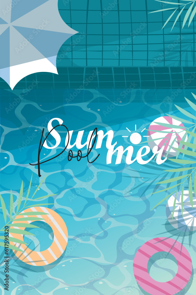 Summer Sale Banner vector illustration. summer pool with tropical leaves. top view of pool with swim rings. Pink, blue and yellow theme