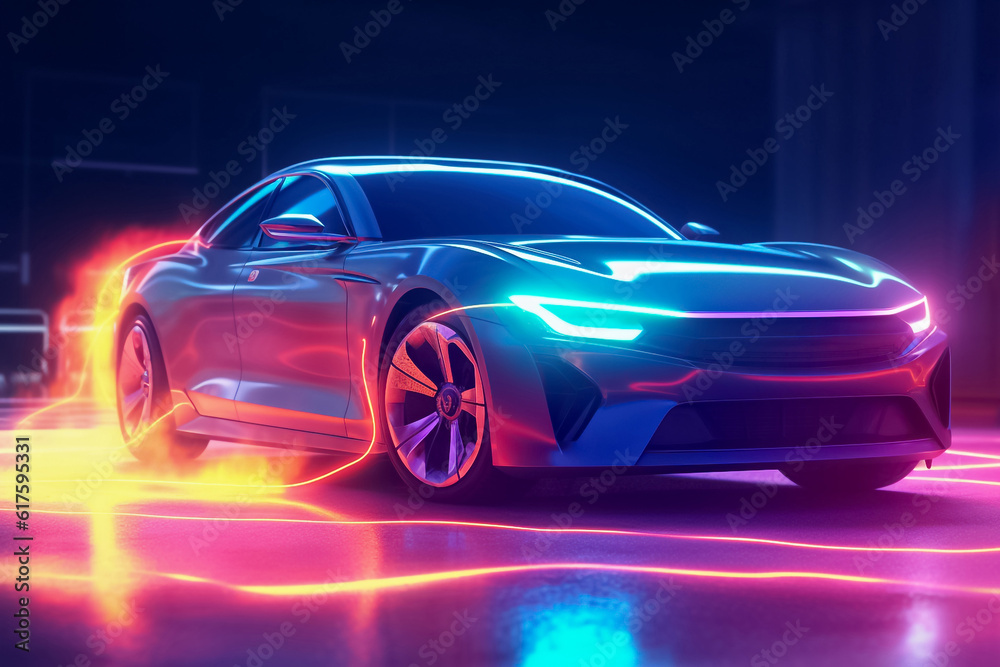 Captivating electric car radiating a mesmerizing display of shimmering lights, epitomizing futuristic elegance and eco-conscious luxury. generative Al.