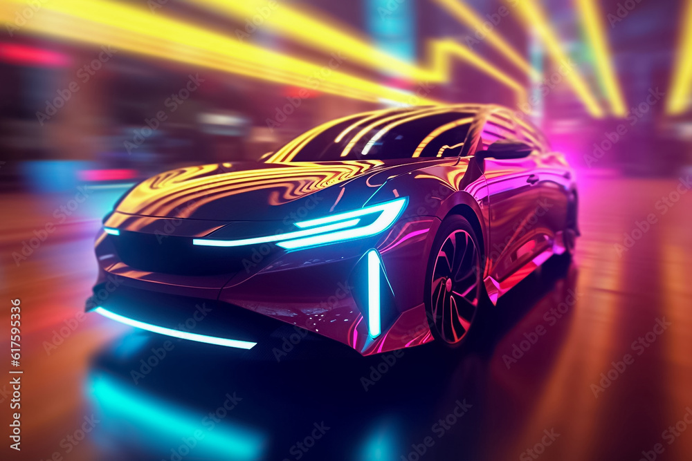 Captivating electric car radiating a mesmerizing display of shimmering lights, epitomizing futuristic elegance and eco-conscious luxury. generative Al. Captivating electric car radiating a mesmerizing display of shimmering lights, epitomizing futuristic elegance and eco-conscious luxury. generative Al.