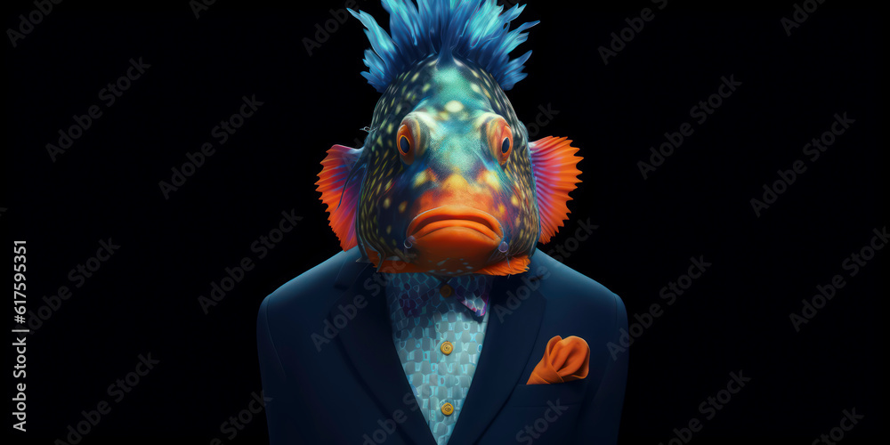 A portrait of a Mandarin Fish wearing a business suit. AI Generated